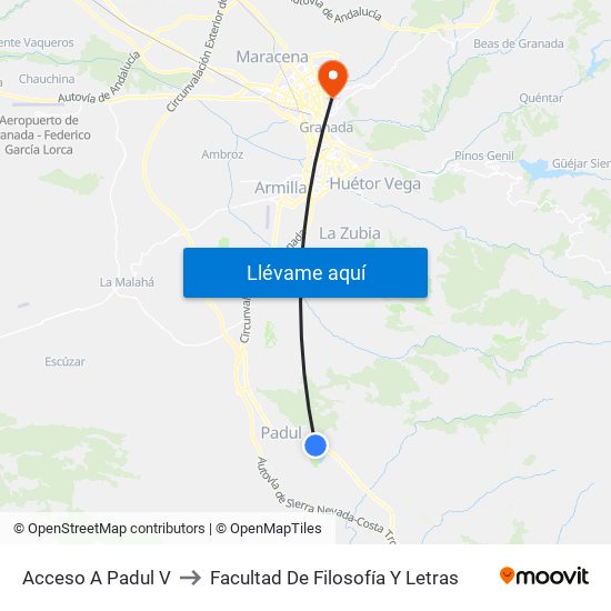 Acceso A Padul V to Facultad De Filosofía Y Letras map
