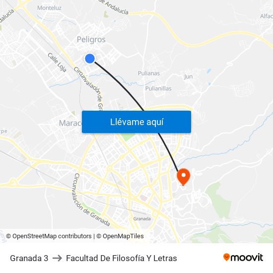 Granada 3 to Facultad De Filosofía Y Letras map