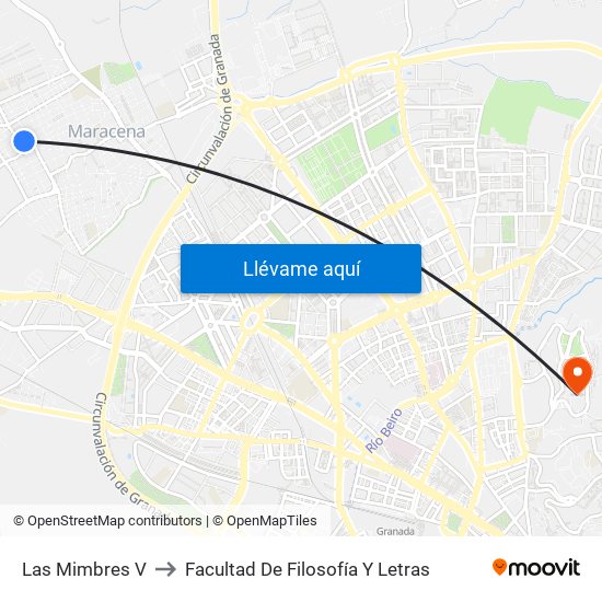 Las Mimbres V to Facultad De Filosofía Y Letras map