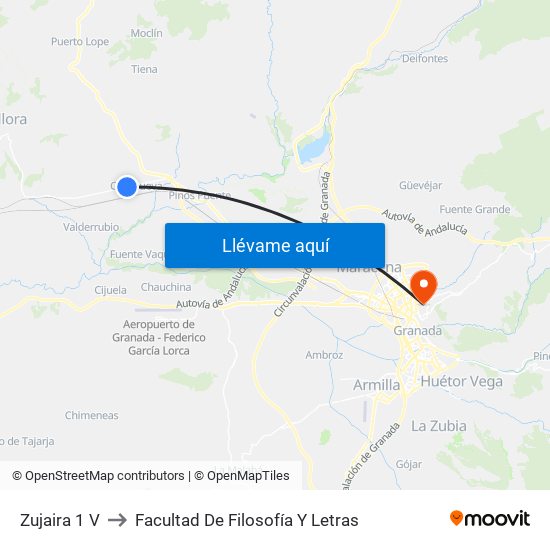 Zujaira 1 V to Facultad De Filosofía Y Letras map