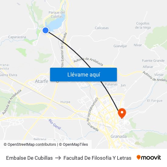 Embalse De Cubillas to Facultad De Filosofía Y Letras map