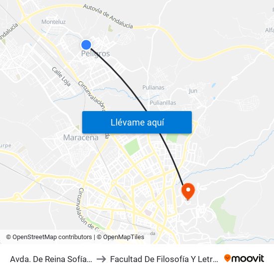 Avda. De Reina Sofía 2 to Facultad De Filosofía Y Letras map