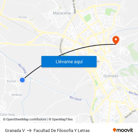 Granada V to Facultad De Filosofía Y Letras map