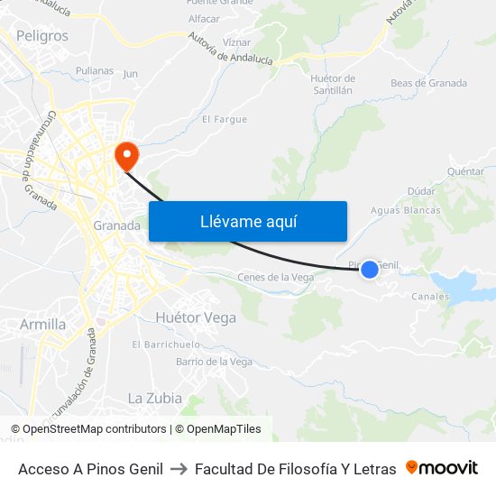 Acceso A Pinos Genil to Facultad De Filosofía Y Letras map