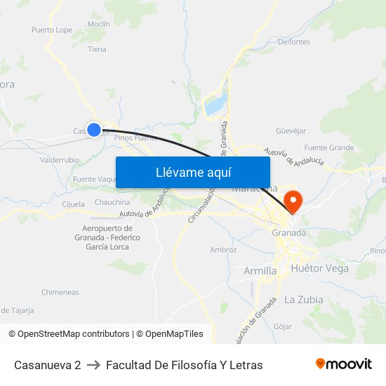 Casanueva 2 to Facultad De Filosofía Y Letras map