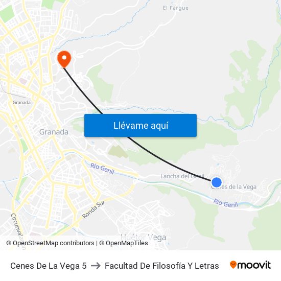 Cenes De La Vega 5 to Facultad De Filosofía Y Letras map