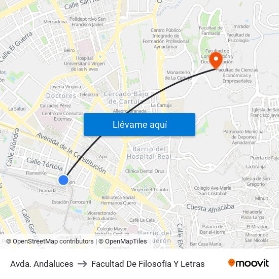 Avda. Andaluces to Facultad De Filosofía Y Letras map