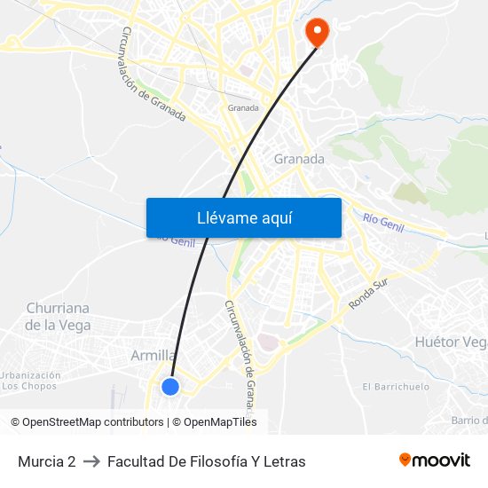 Murcia 2 to Facultad De Filosofía Y Letras map