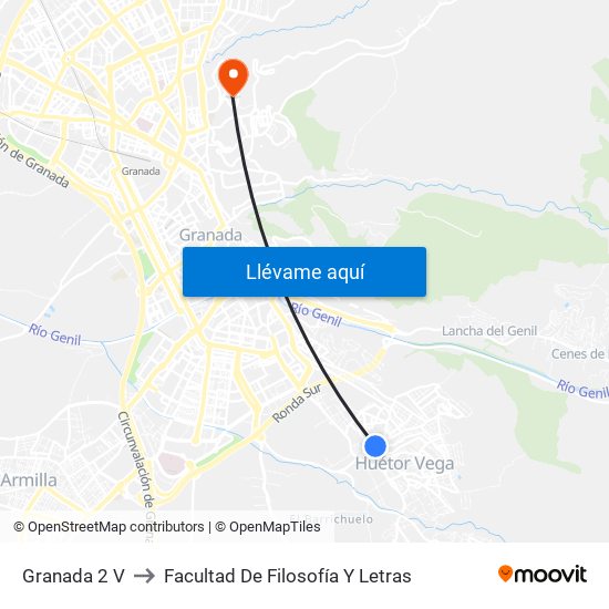 Granada 2 V to Facultad De Filosofía Y Letras map