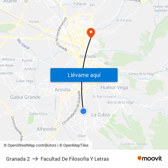 Granada 2 to Facultad De Filosofía Y Letras map