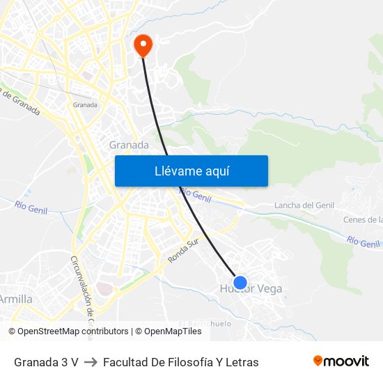Granada 3 V to Facultad De Filosofía Y Letras map