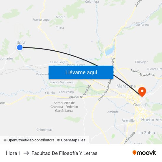 Íllora 1 to Facultad De Filosofía Y Letras map