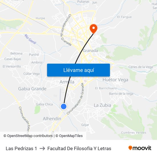Las Pedrizas 1 to Facultad De Filosofía Y Letras map
