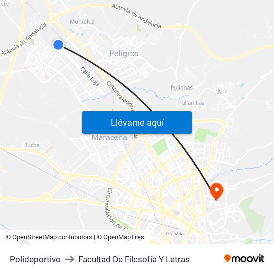 Polideportivo to Facultad De Filosofía Y Letras map
