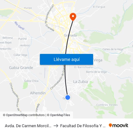 Avda. De Carmen Morcillo 1 V to Facultad De Filosofía Y Letras map