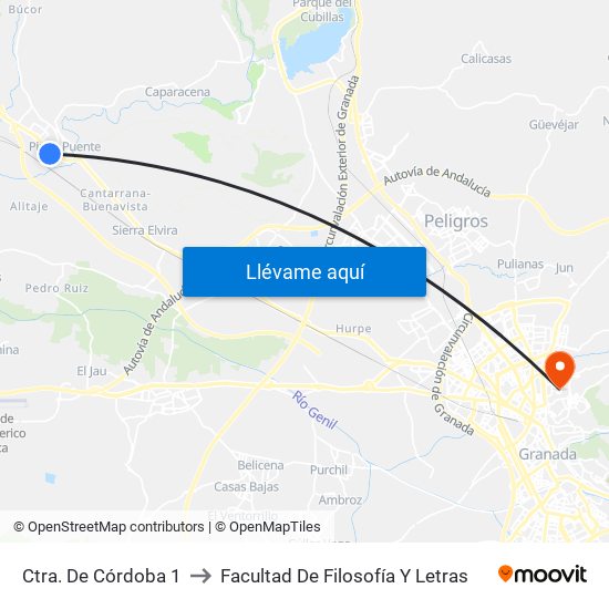 Ctra. De Córdoba 1 to Facultad De Filosofía Y Letras map