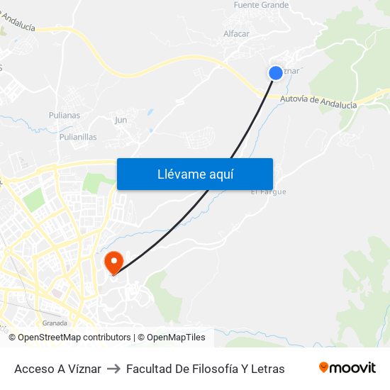 Acceso A Víznar to Facultad De Filosofía Y Letras map