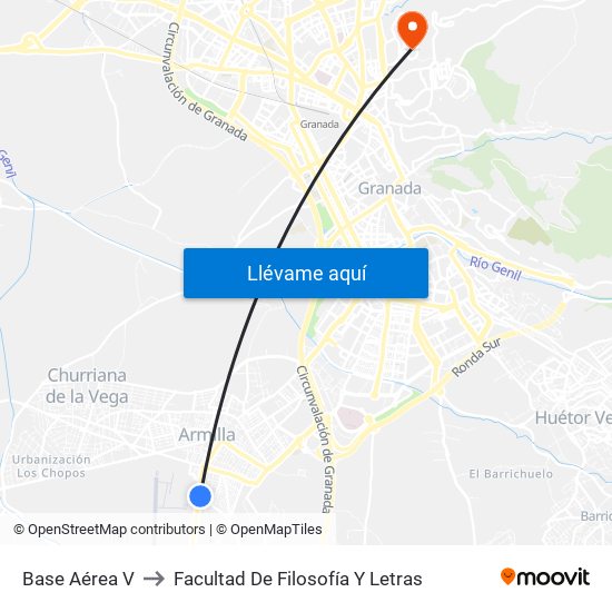 Base Aérea V to Facultad De Filosofía Y Letras map