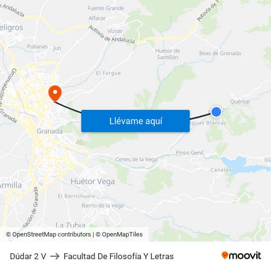 Dúdar 2 V to Facultad De Filosofía Y Letras map