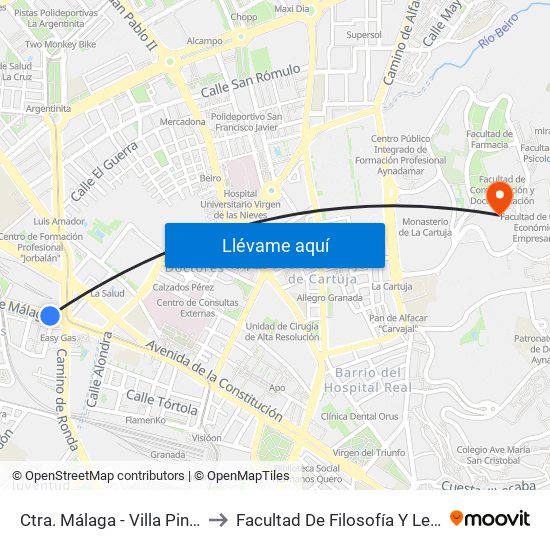 Ctra. Málaga - Villa Pineda to Facultad De Filosofía Y Letras map