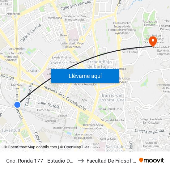 Cno. Ronda 177 - Estadio De La Juventud to Facultad De Filosofía Y Letras map
