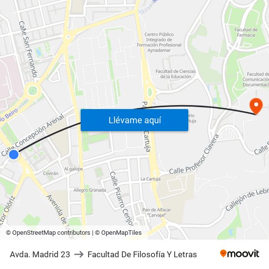Avda. Madrid 23 to Facultad De Filosofía Y Letras map
