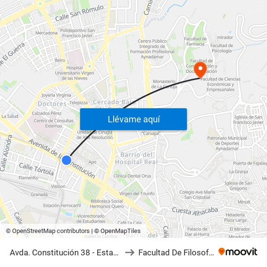 Avda. Constitución 38 - Estación Ferrocarril to Facultad De Filosofía Y Letras map