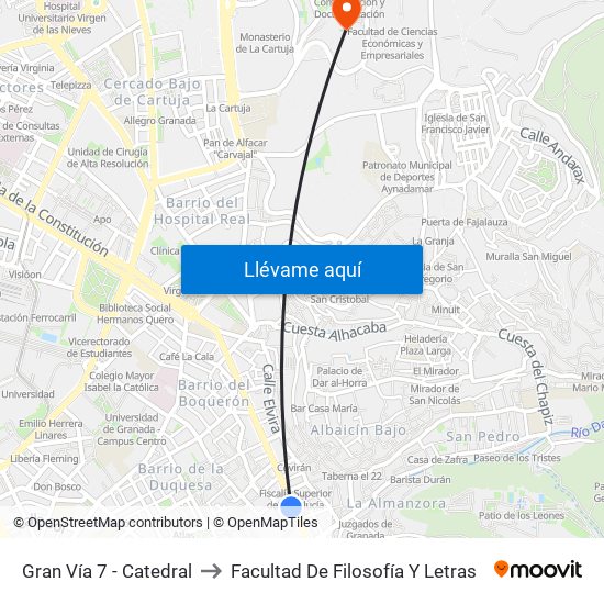 Gran Vía 7 - Catedral to Facultad De Filosofía Y Letras map