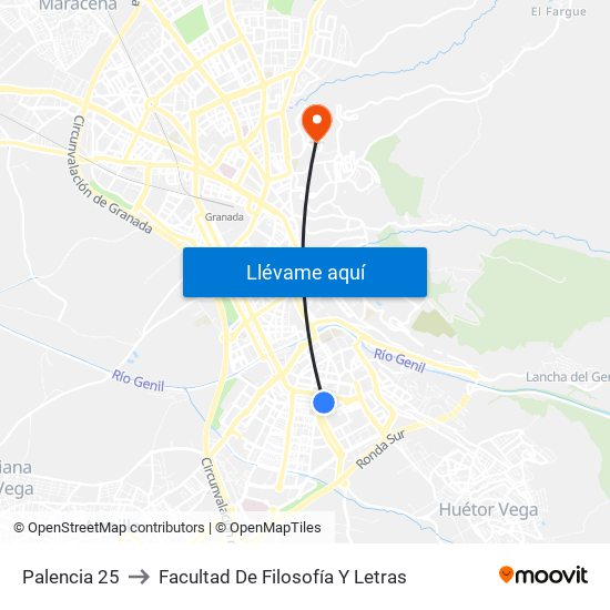 Palencia 25 to Facultad De Filosofía Y Letras map