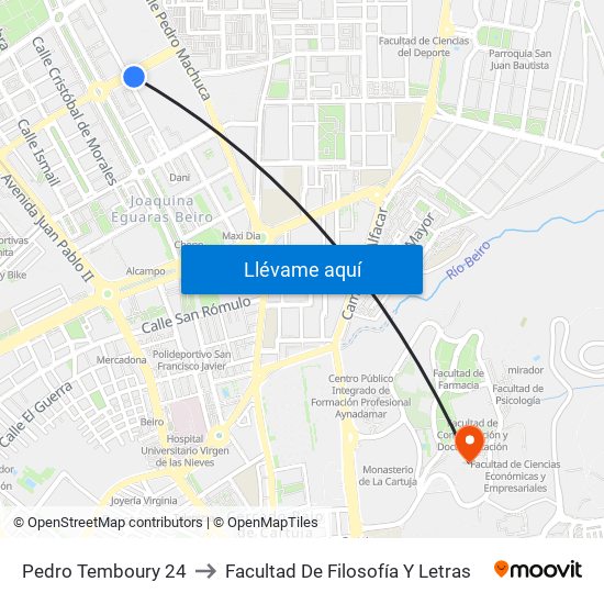 Pedro Temboury 24 to Facultad De Filosofía Y Letras map