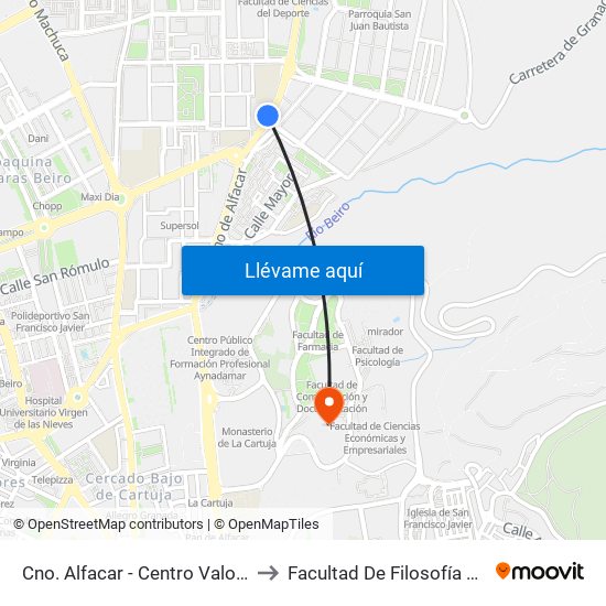 Cno. Alfacar - Centro Valoración 2 to Facultad De Filosofía Y Letras map