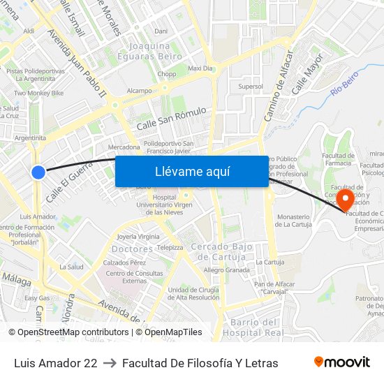 Luis Amador 22 to Facultad De Filosofía Y Letras map