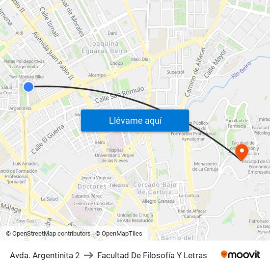 Avda. Argentinita 2 to Facultad De Filosofía Y Letras map