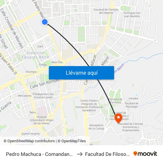 Pedro Machuca - Comandancia Guardia Civil to Facultad De Filosofía Y Letras map