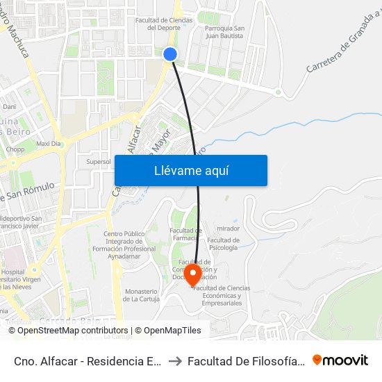 Cno. Alfacar - Residencia Estudiantes to Facultad De Filosofía Y Letras map