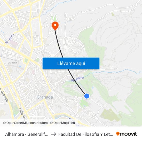 Alhambra - Generalife 2 to Facultad De Filosofía Y Letras map