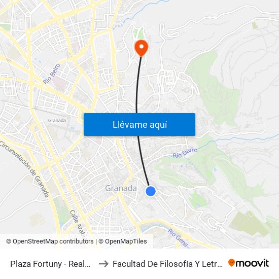 Plaza Fortuny - Realejo to Facultad De Filosofía Y Letras map