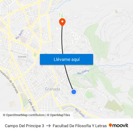 Campo Del Principe 3 to Facultad De Filosofía Y Letras map