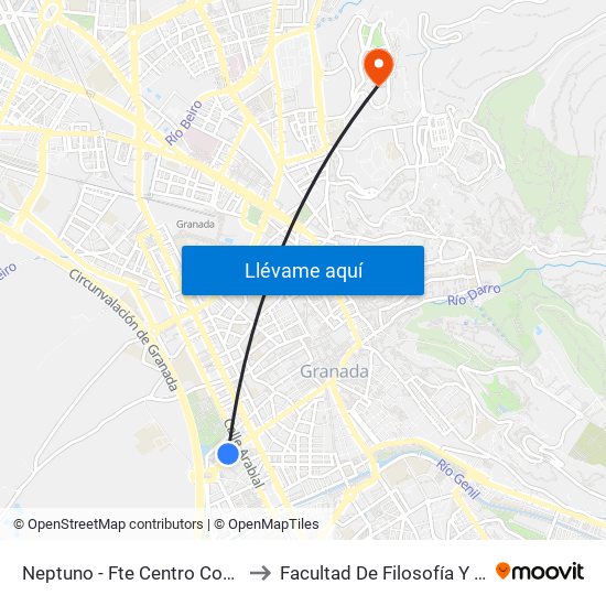 Neptuno - Fte Centro Comercial to Facultad De Filosofía Y Letras map