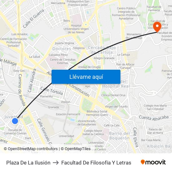 Plaza De La Ilusión to Facultad De Filosofía Y Letras map