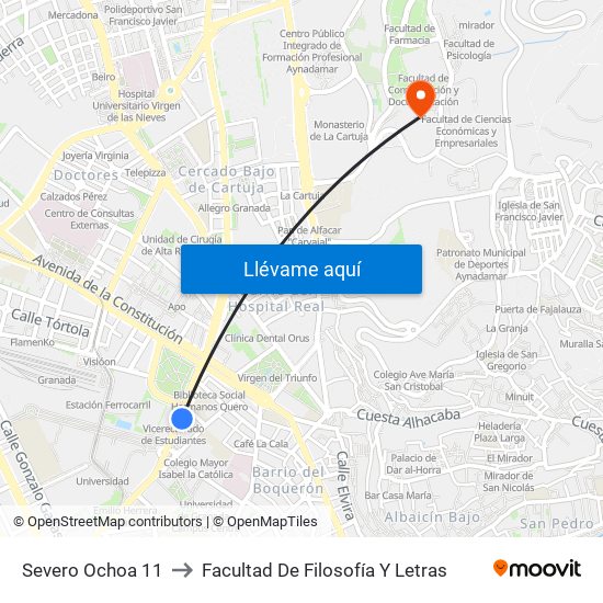 Severo Ochoa 11 to Facultad De Filosofía Y Letras map