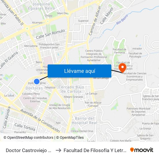 Doctor Castroviejo 13 to Facultad De Filosofía Y Letras map