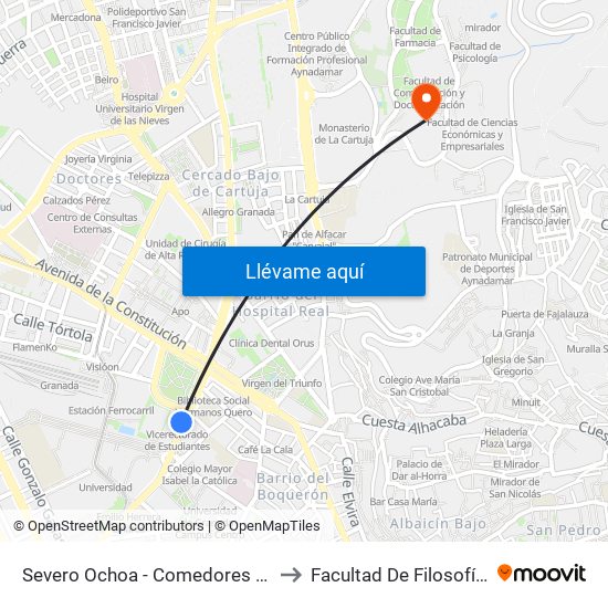 Severo Ochoa - Comedores Universitarios to Facultad De Filosofía Y Letras map