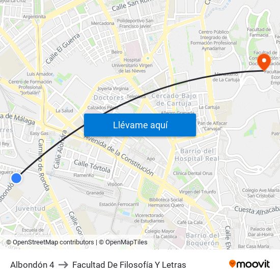 Albondón 4 to Facultad De Filosofía Y Letras map