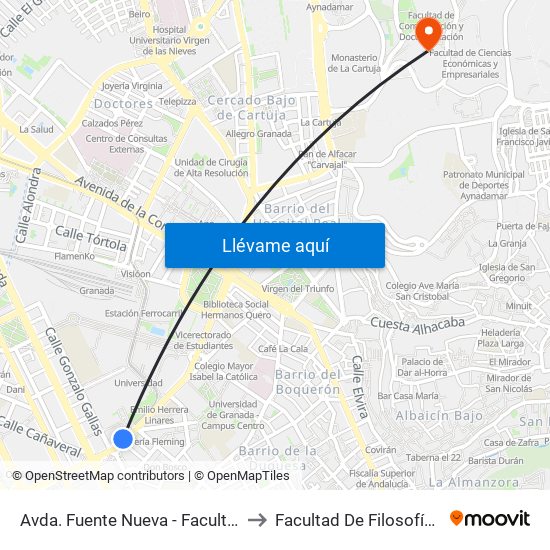 Avda. Fuente Nueva - Facultad Ciencias to Facultad De Filosofía Y Letras map