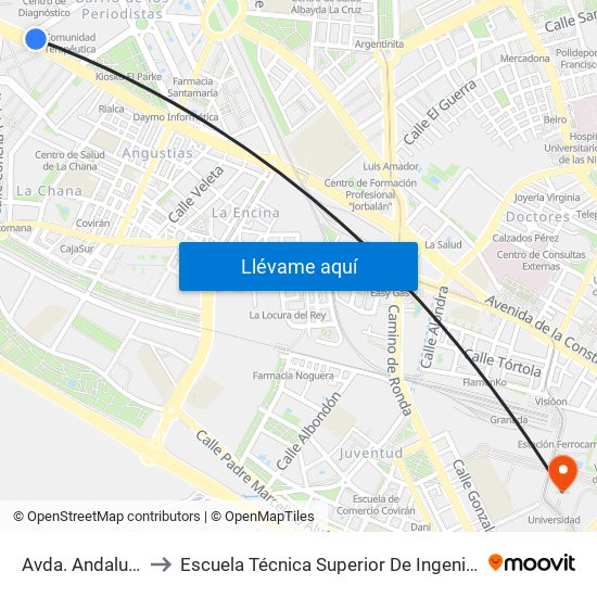 Avda. Andalucía - Diputación to Escuela Técnica Superior De Ingeniería De Caminos, Canales Y Puertos map