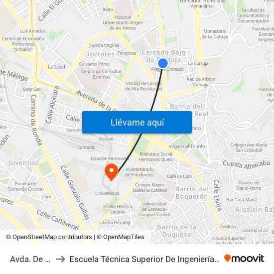 Avda. De Pulianas 1 to Escuela Técnica Superior De Ingeniería De Caminos, Canales Y Puertos map