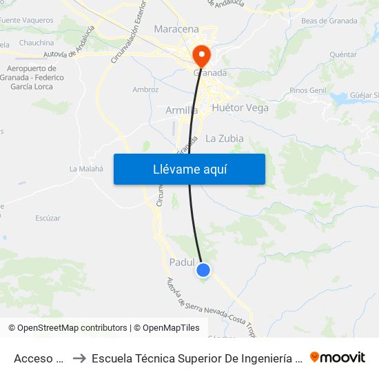 Acceso A Padul V to Escuela Técnica Superior De Ingeniería De Caminos, Canales Y Puertos map