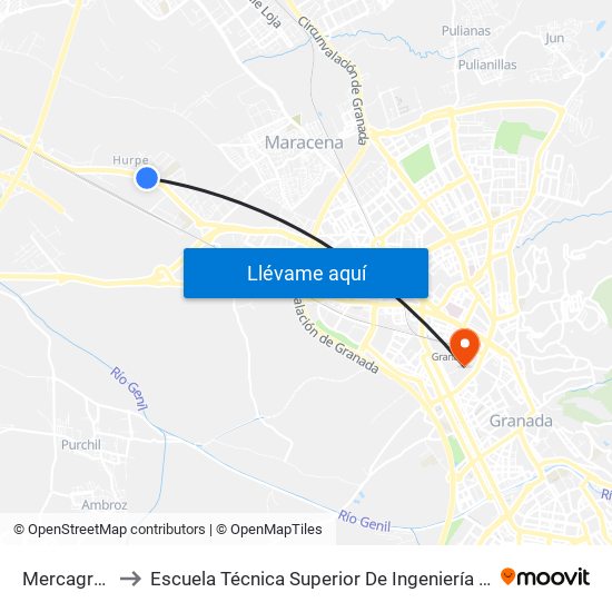 Mercagranada 1 V to Escuela Técnica Superior De Ingeniería De Caminos, Canales Y Puertos map