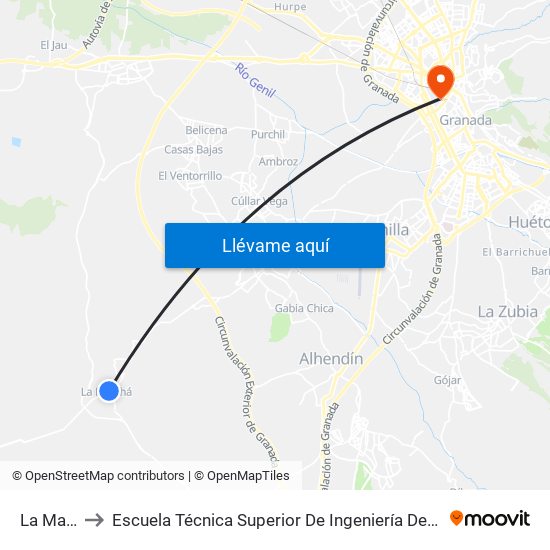 La Malahá V to Escuela Técnica Superior De Ingeniería De Caminos, Canales Y Puertos map